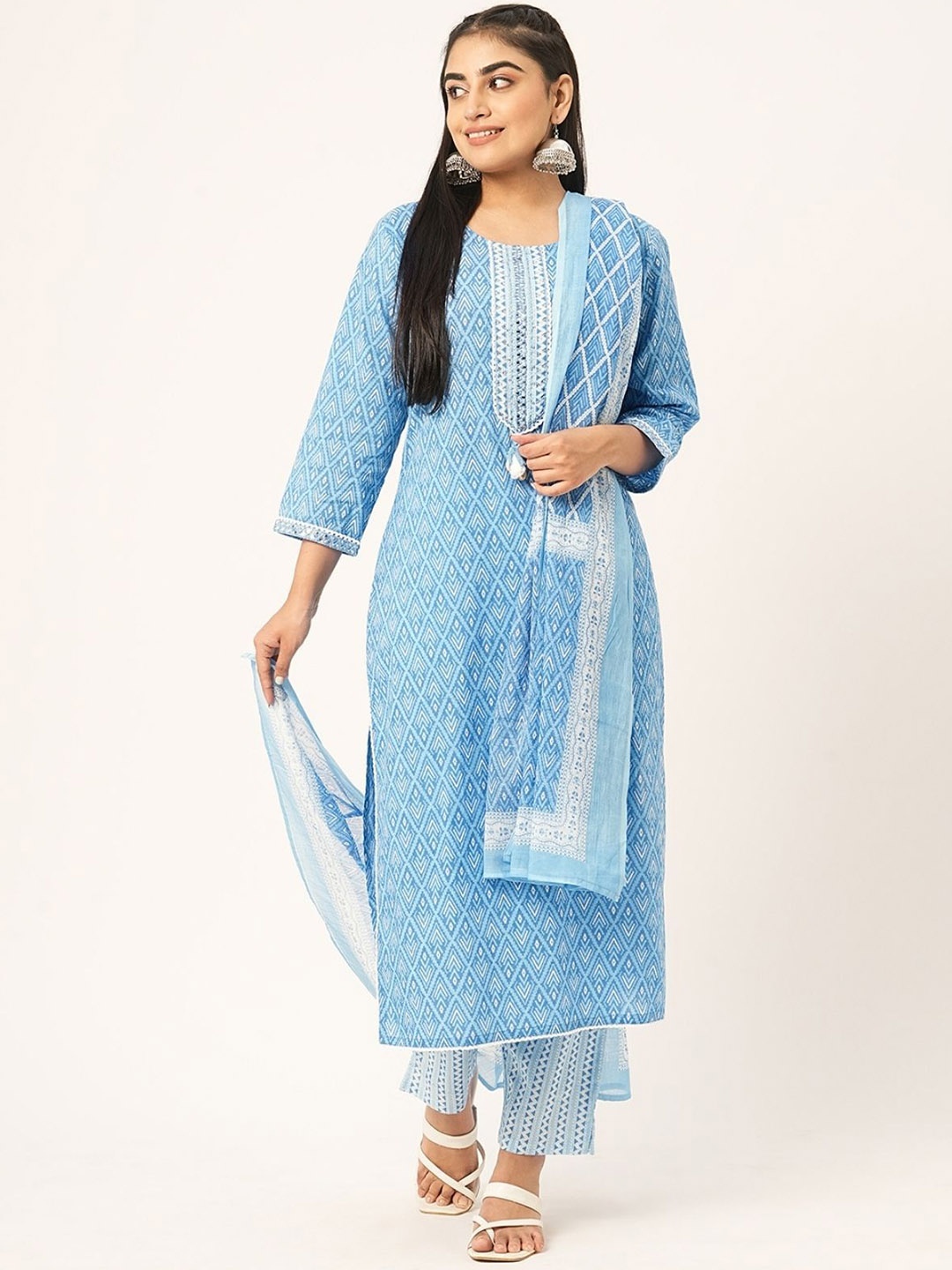 

ODETTE Ethnic Motifs Printed Sequinned Straight Kurta With Trousers & Dupatta, Blue