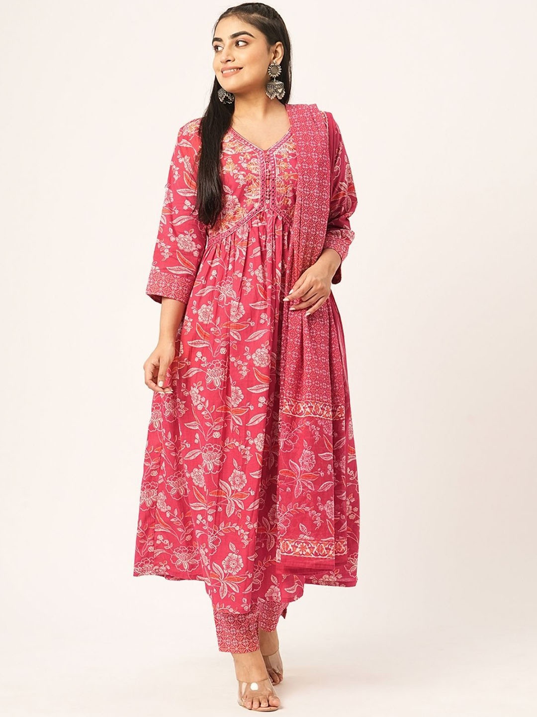 

ODETTE Floral Printed V-Neck Empire Sequinned Anarkali Kurta With Trousers & Dupatta, Pink