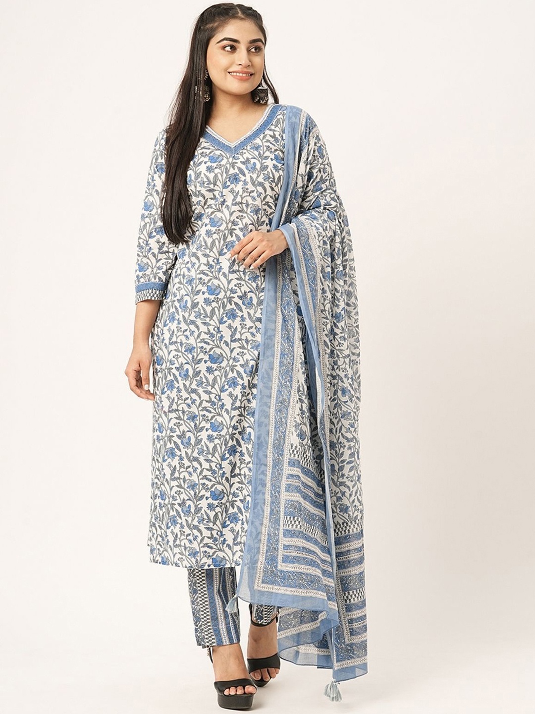 

ODETTE Floral Printed V-Neck Regular Kurta With Trousers & Dupatta, White