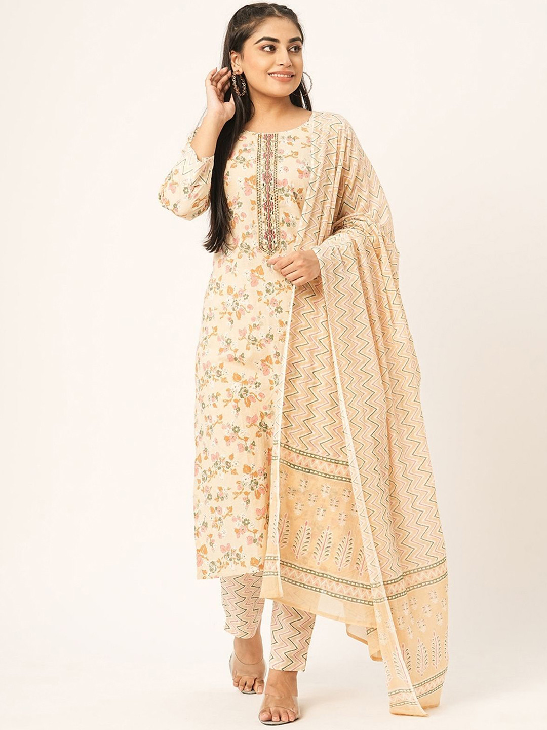

ODETTE Floral Printed Thread Work Straight Kurta With Trousers & Dupatta, Beige