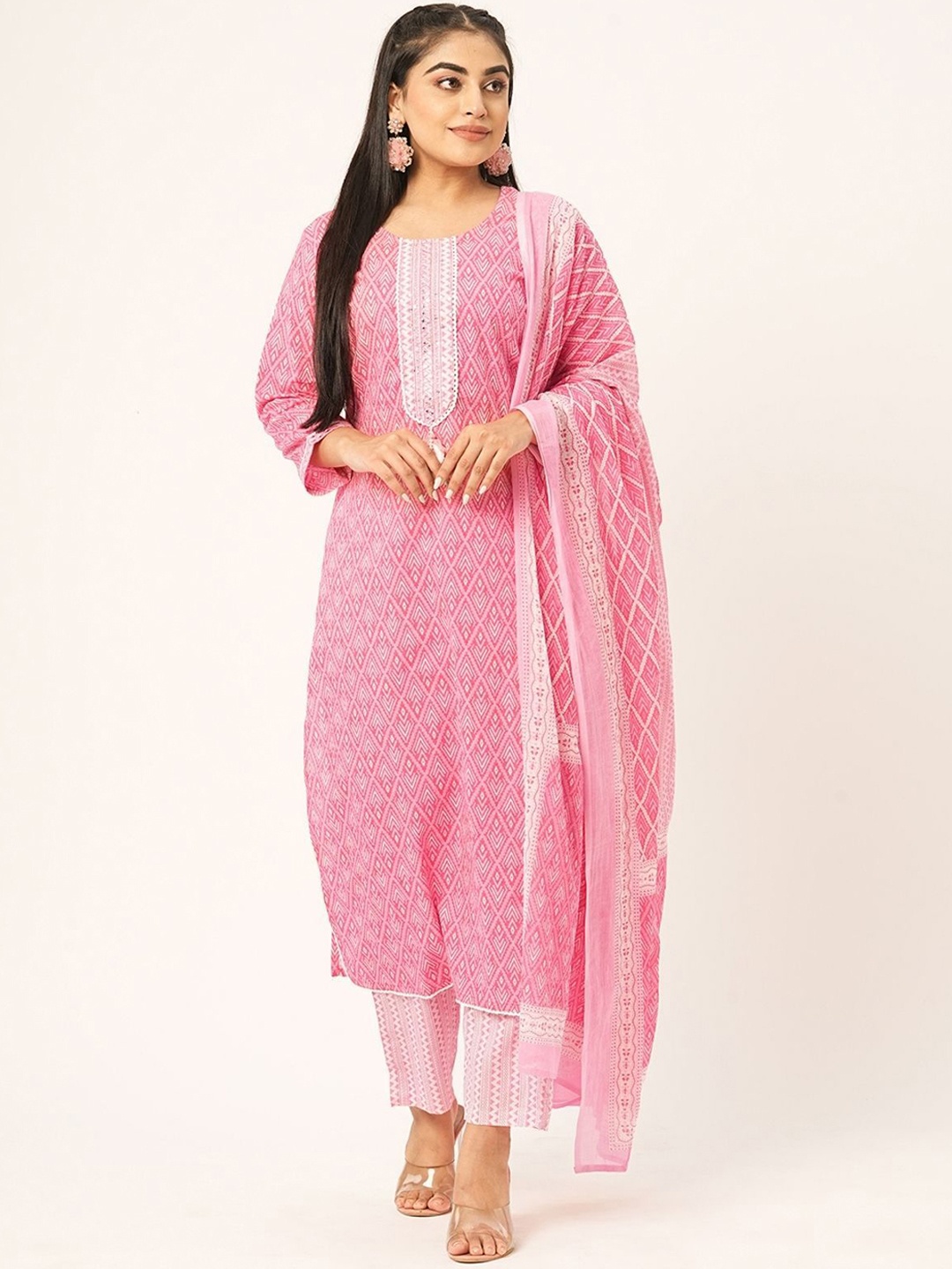 

ODETTE Geometric Printed Sequinned Straight Kurta With Trousers & Dupatta, Pink