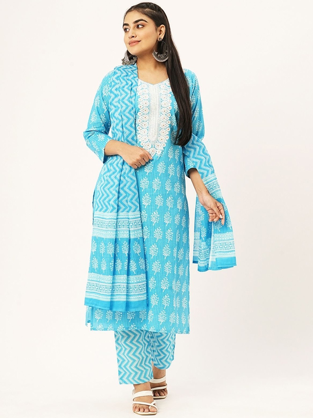 ODETTE Floral Printed Thread Work Straight Kurta With Trousers & Dupatta, Blue
