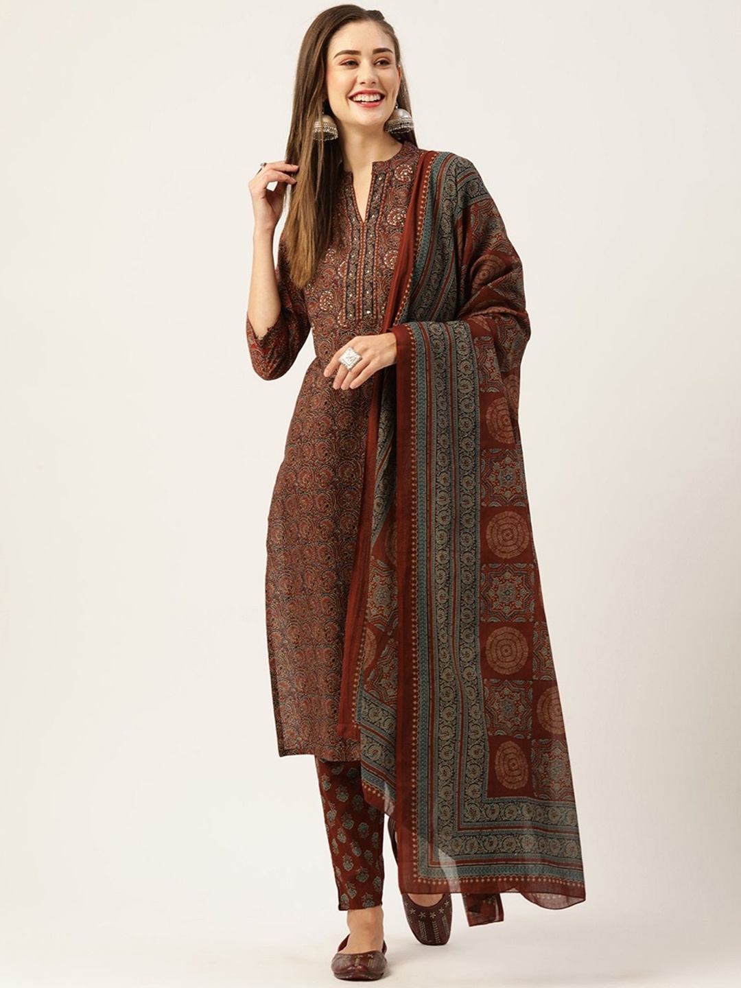 

ODETTE Ethnic Motifs Printed Sequinned Straight Kurta With Trousers & Dupatta, Rust