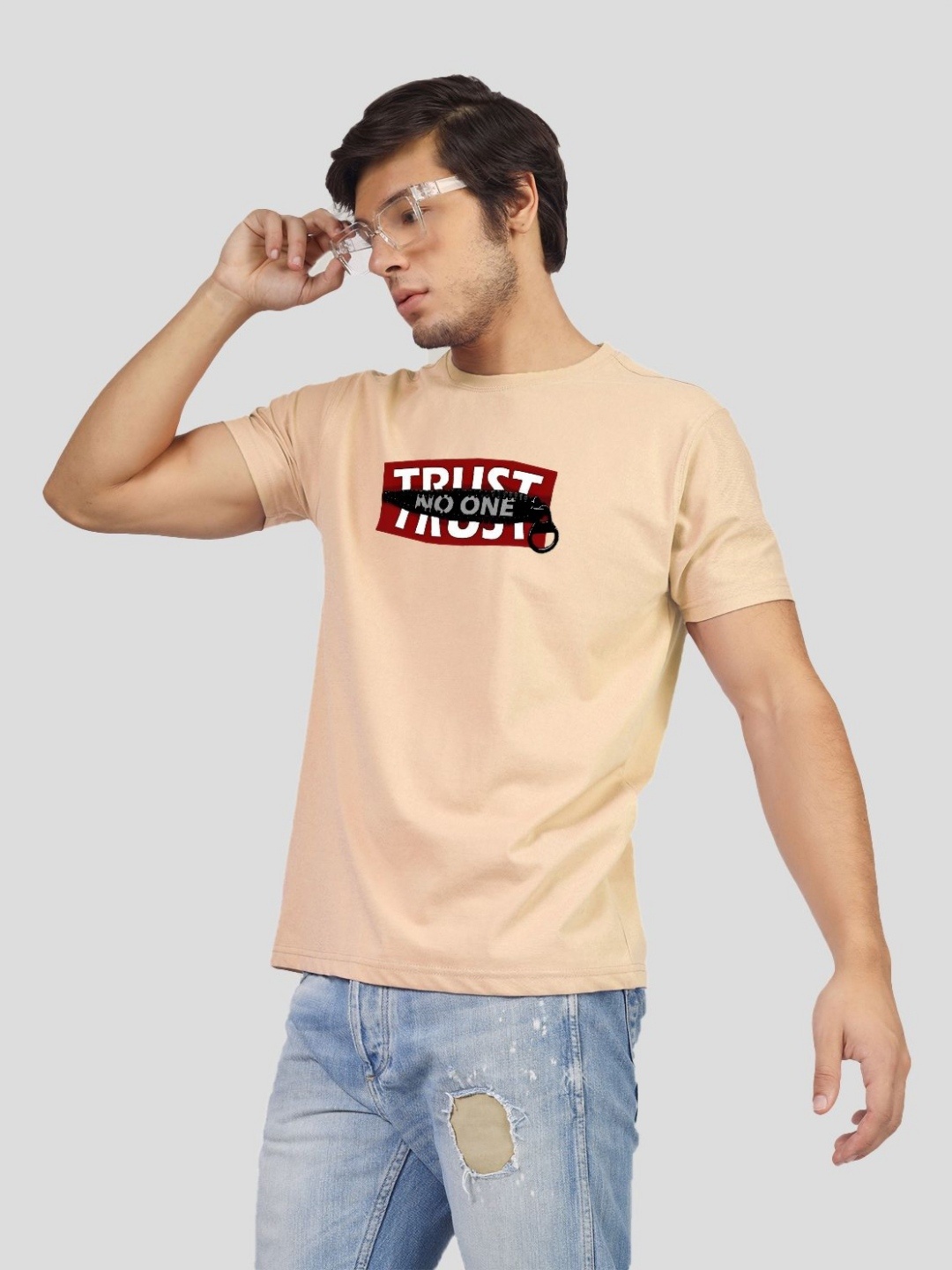 Greylongg Men Typography Printed Round Neck T-shirt, Beige