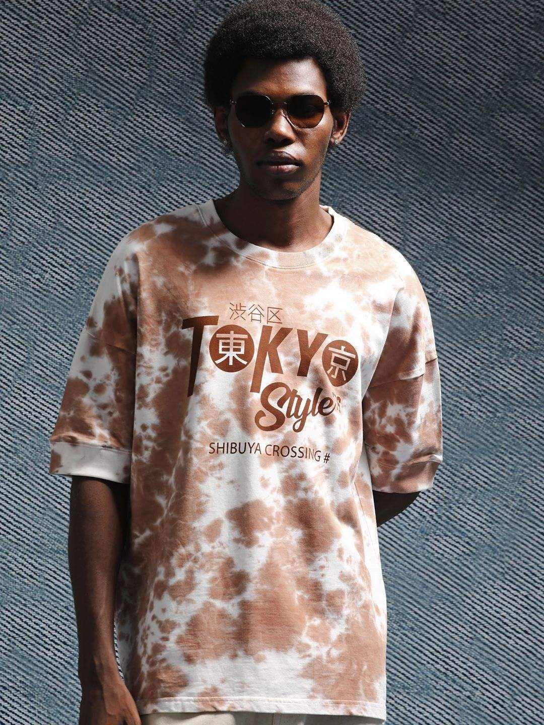 

Henceforth Men Drop Shoulder Sleeves Tie and Dyed Cotton Oversized T-shirt, Brown