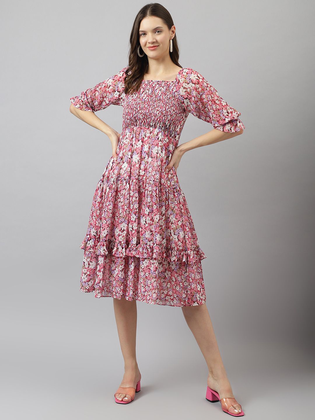 

TOOCHKI Floral Print Ruffled Tiered Fit & Flare Midi Dress, Pink