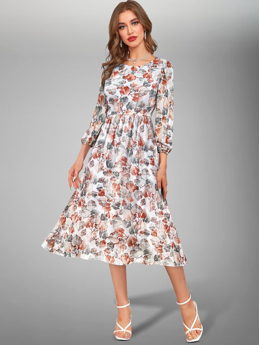 

TOOCHKI Floral Print Puff Sleeve Georgette Fit & Flare Midi Dress, White