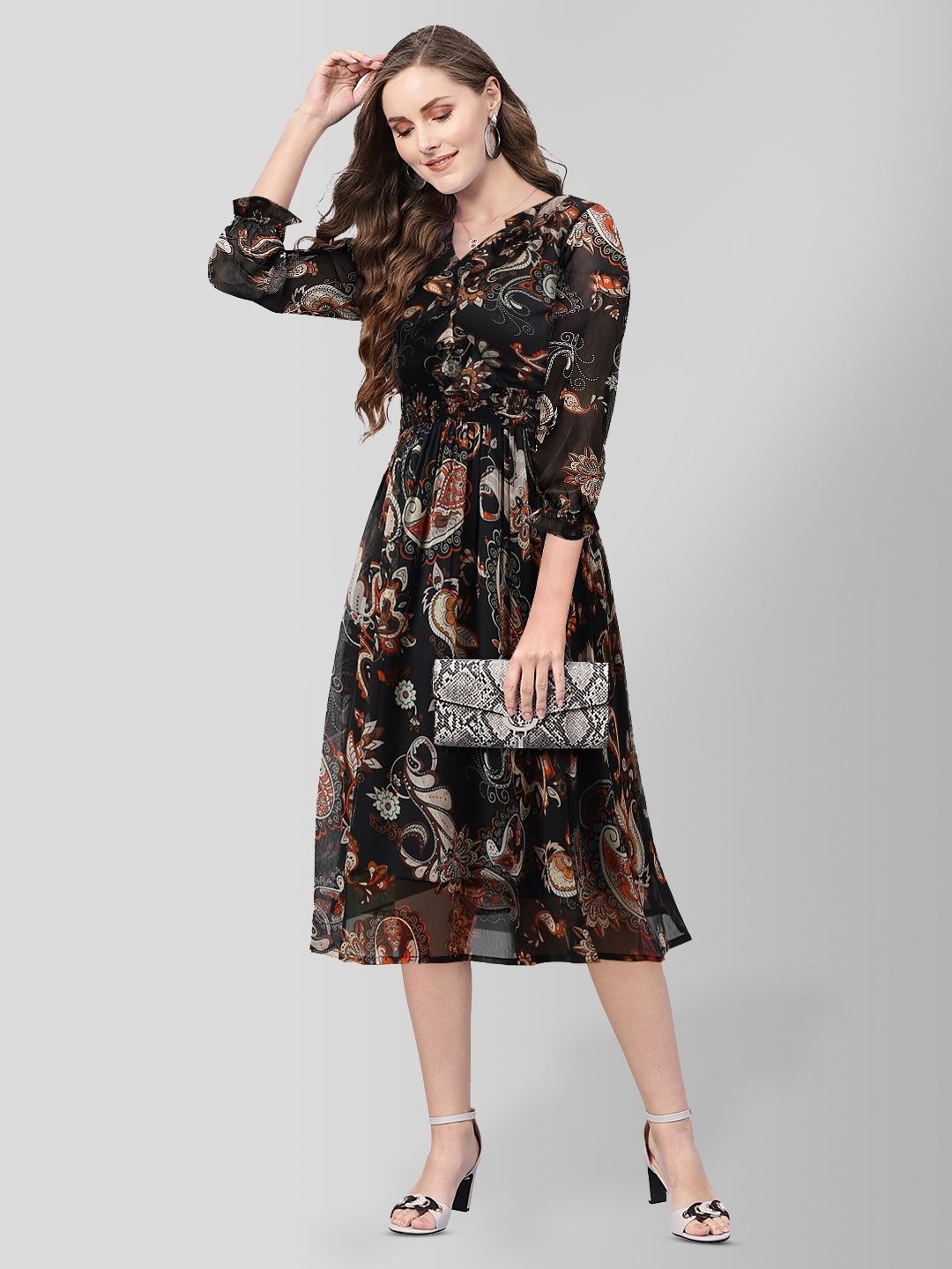 

TOOCHKI Paisley Print Georgette Fit & Flare Midi Dress, Black