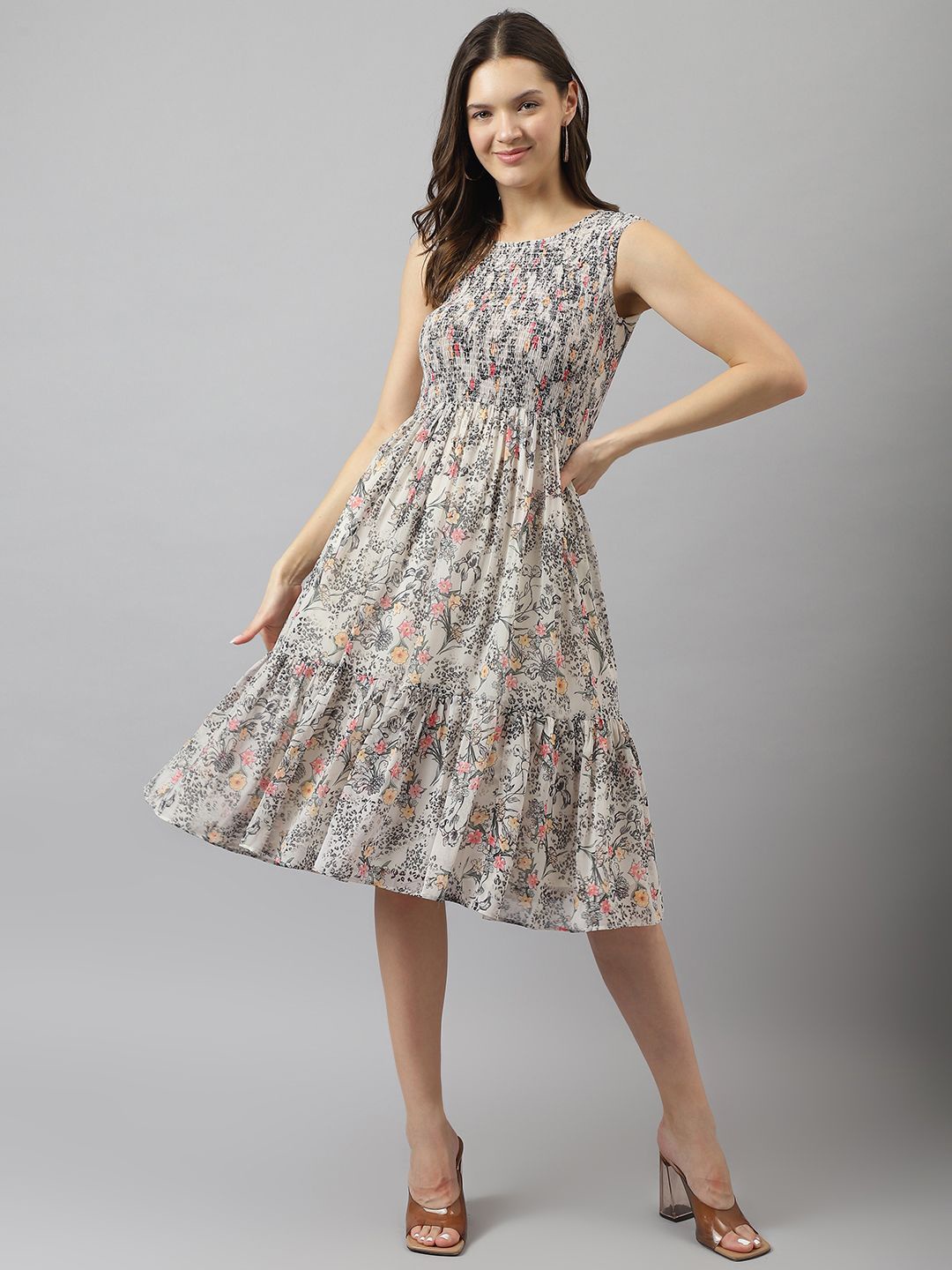 

TOOCHKI Floral Print Tiered Fit and Flare Dress, Off white