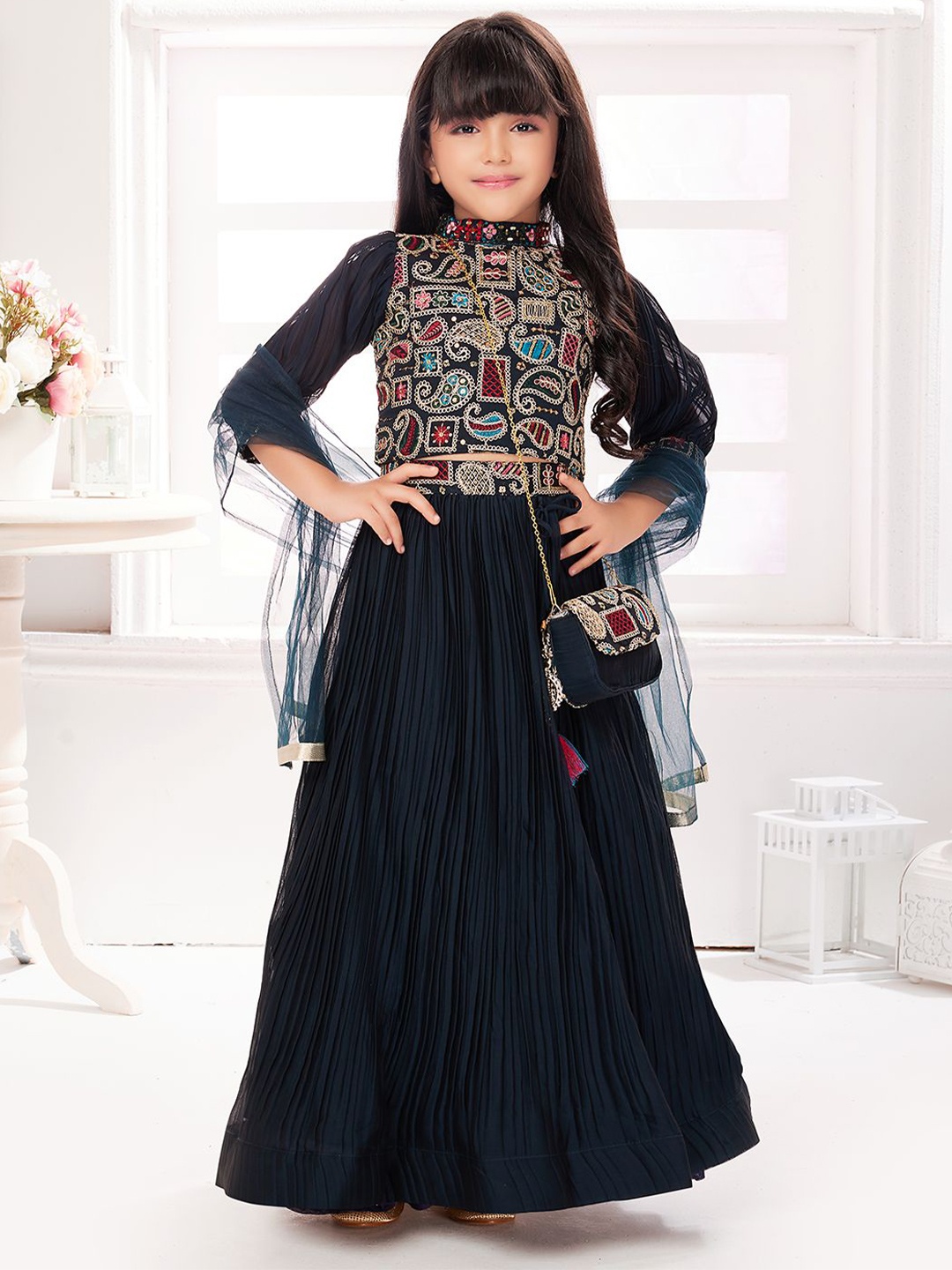 

Tiny Kingdom Girls Embroidered Sequinned Ready to Wear Lehenga & Blouse With Dupatta, Blue
