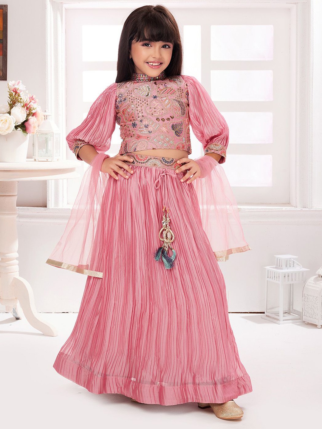 

Tiny Kingdom Girls Embroidered Sequinned Ready to Wear Lehenga & Blouse With Dupatta, Pink