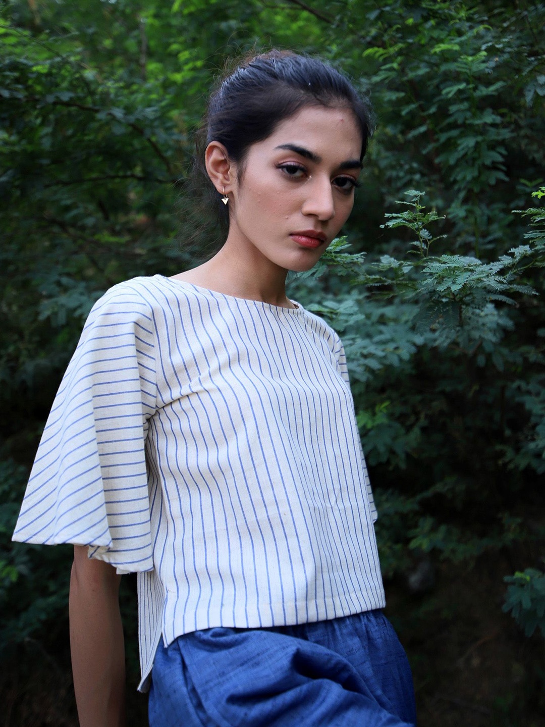 

SPARROW Striped Cotton Flared SleeveTop, Off white