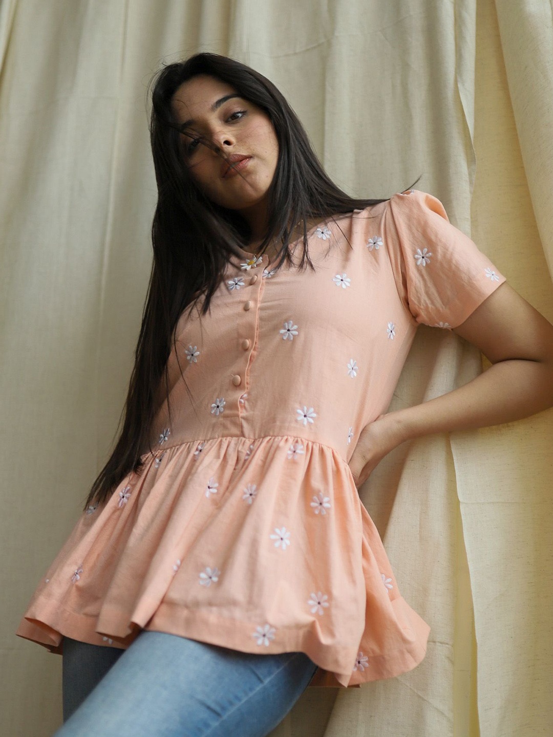 

SPARROW Floral Print Victorian Cotton Top, Peach