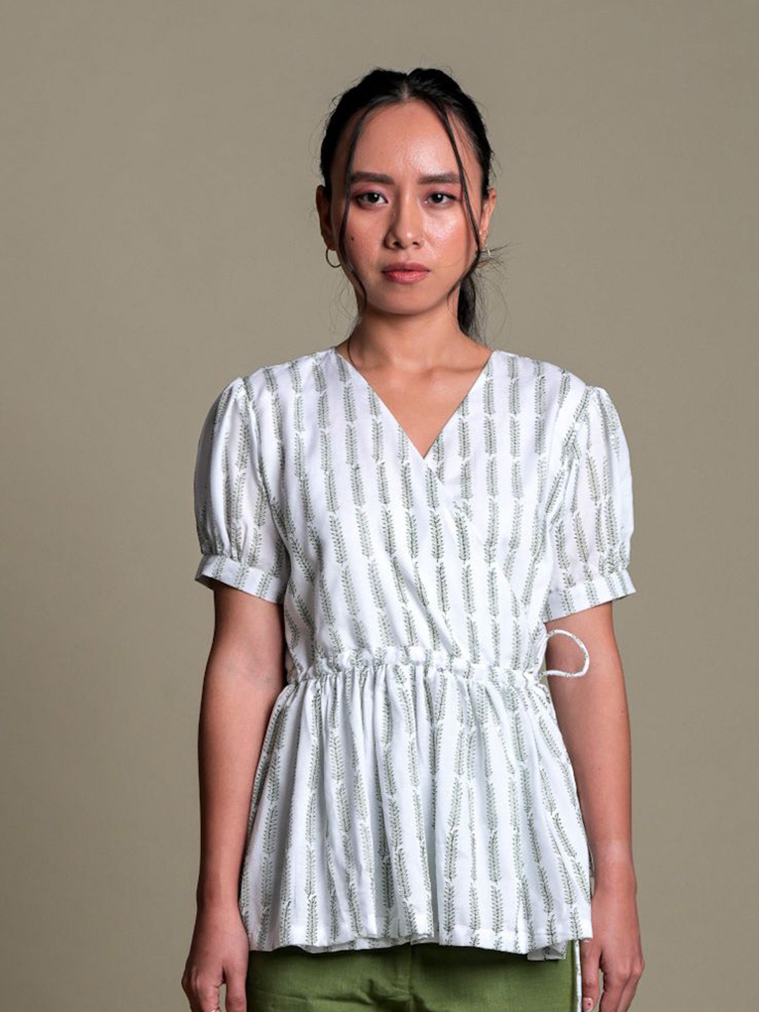 

SPARROW Striped Puff Sleeve Tropical Top, White