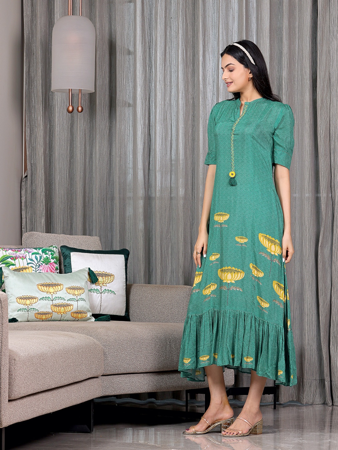 

SUKRUTI DESIGN Floral Print A-Line Maxi Dress, Green