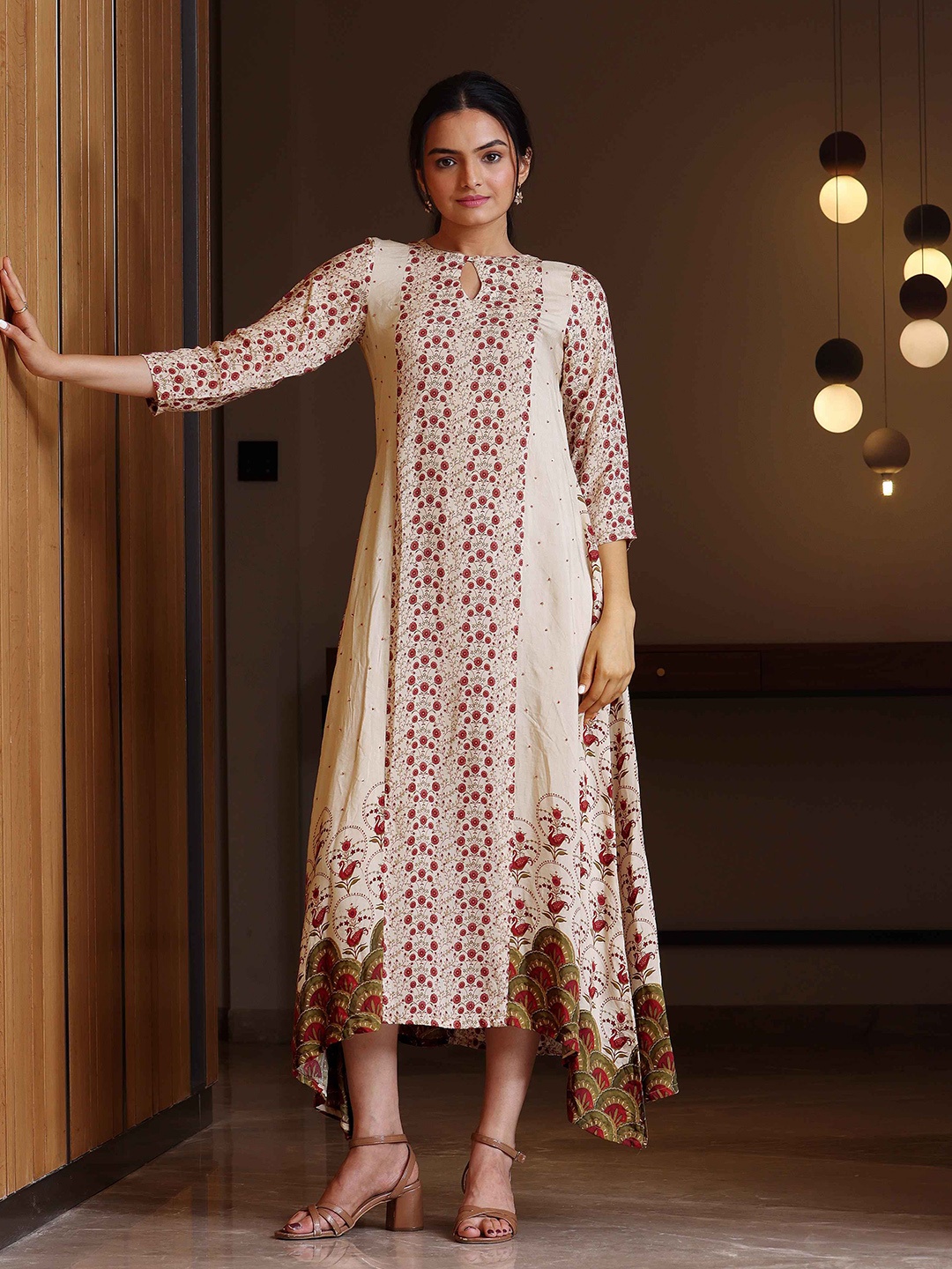 

SUKRUTI DESIGN Ethnic Motifs Print Keyhole Neck A-Line Midi Ethnic Dress, Beige