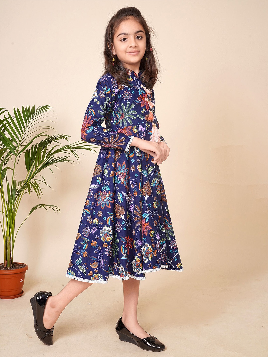 

BAESD Girls Tropical Printed Mandarin Collar Long Sleeves Fit & Flare Midi Dress, Blue