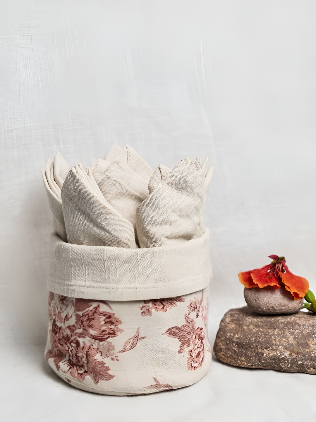

Amora Beige & Brown 6 Pieces Printed Cotton Table Napkins With Basket