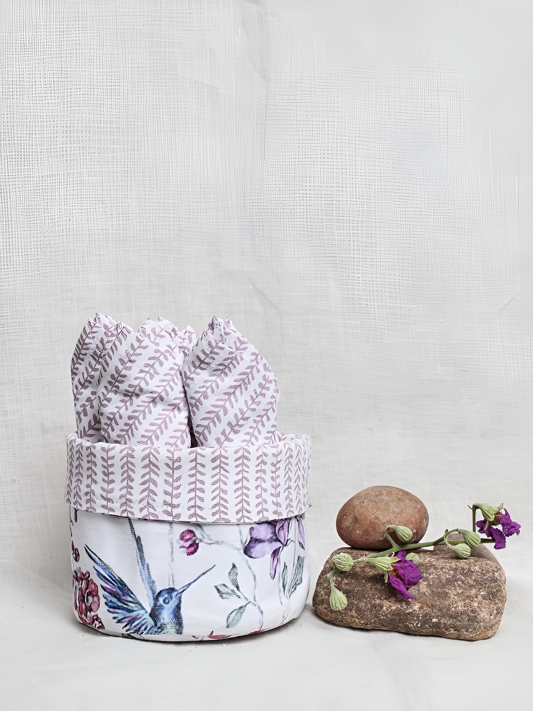 

Amora White & Purple 6 Pieces Printed Cotton Table Napkins With Basket