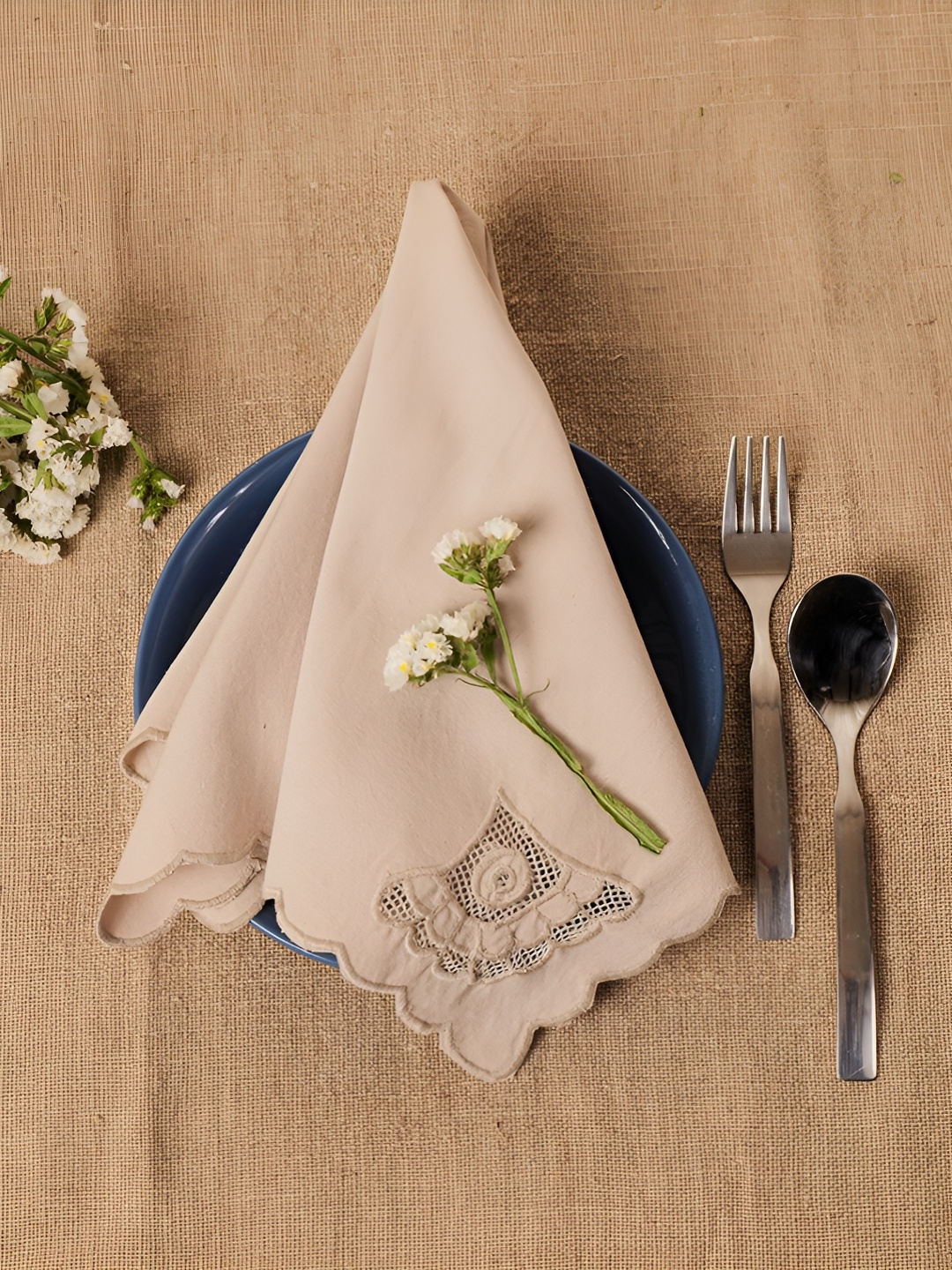 

Amora Beige 4 Pieces Cut Work Design Pure Cotton Table Napkin