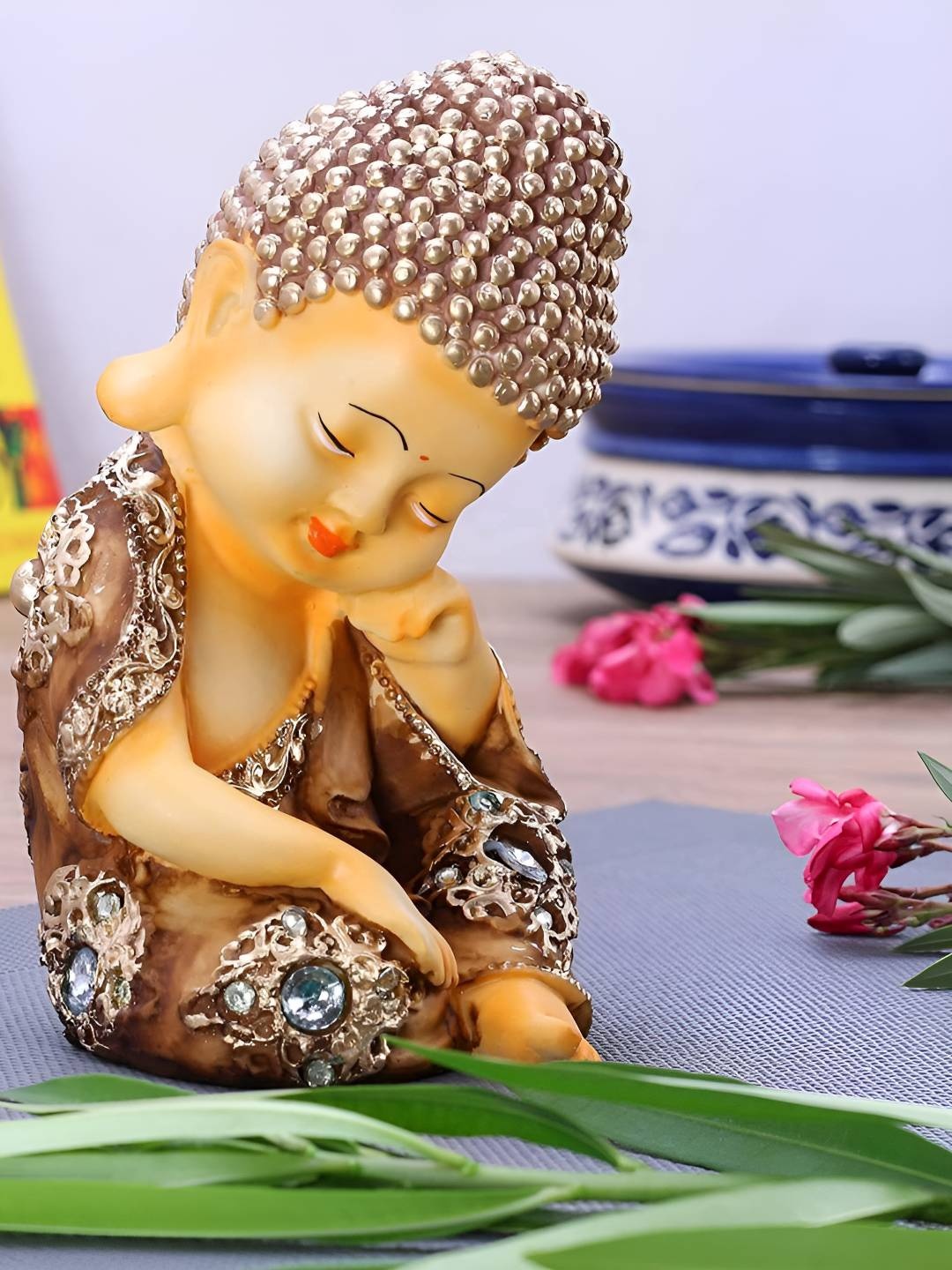 

BECKON VENTURE Yellow & Brown Textured Buddha Idol Showpiece