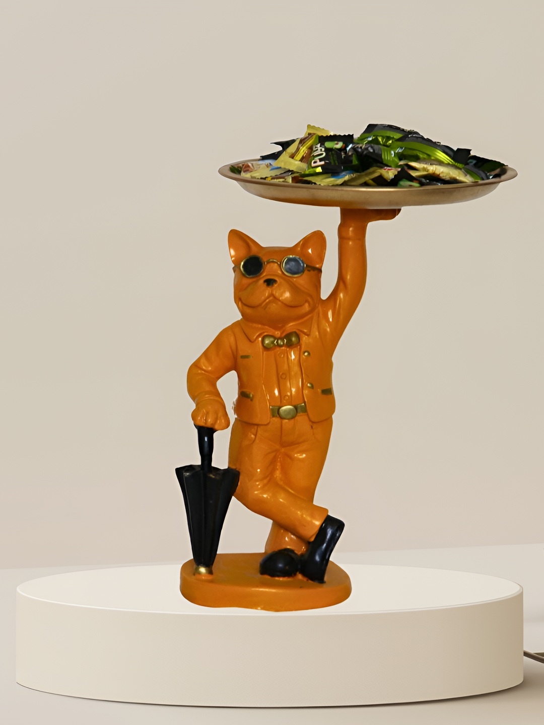 

BECKON VENTURE Orange & Gold Toned Cat With Tray Figurine Showpiece