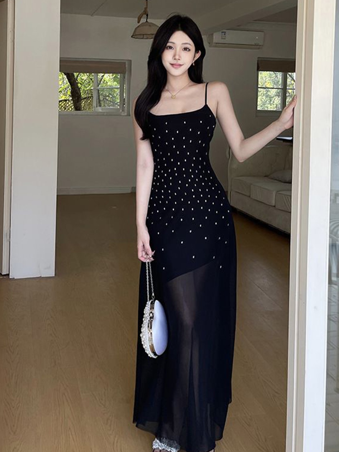 

MIAKEE Shoulder Straps Maxi Sheath Dress, Black