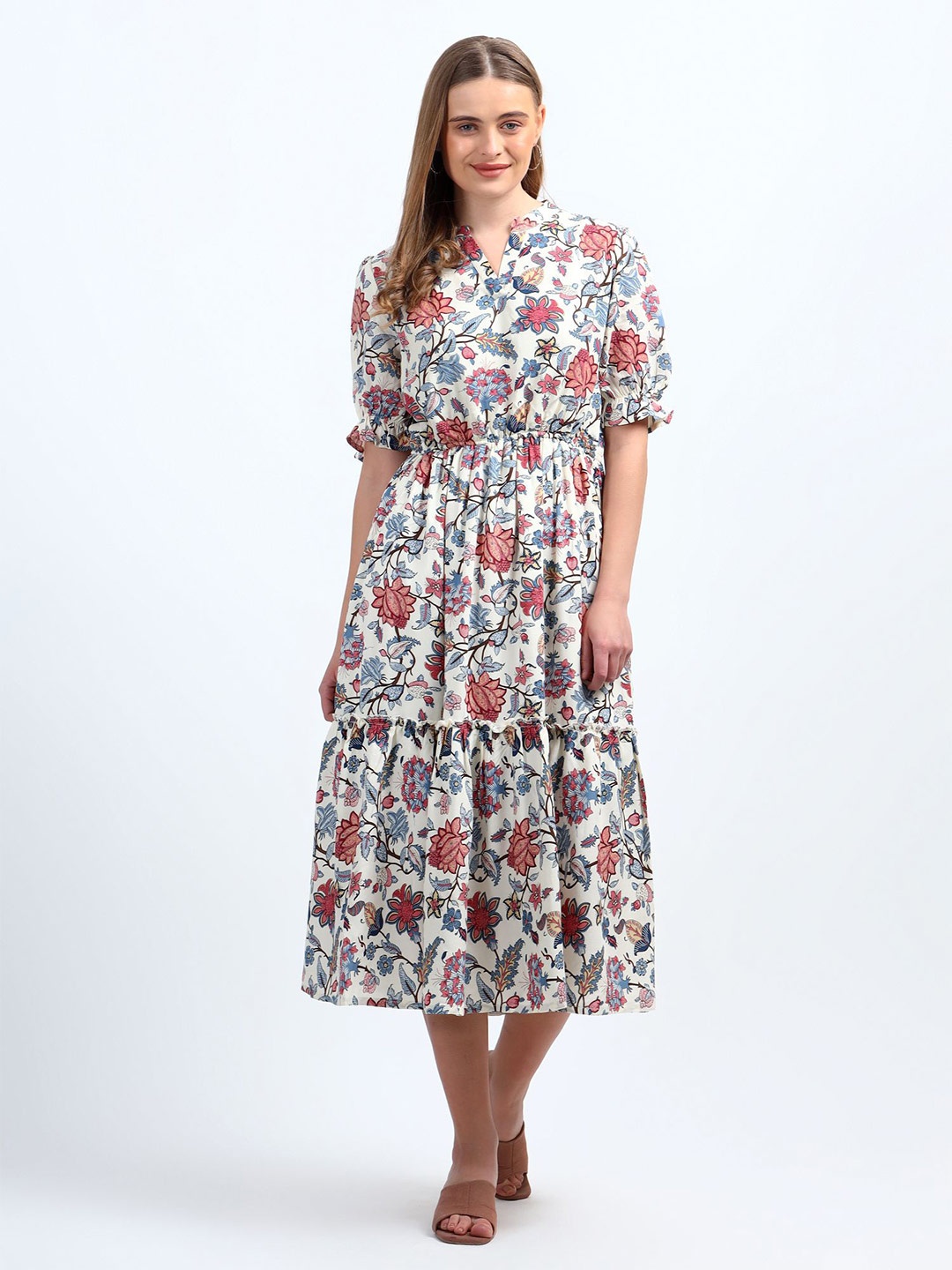 

NKSA FASHION Floral Print Fit & Flare Midi Dress, Cream