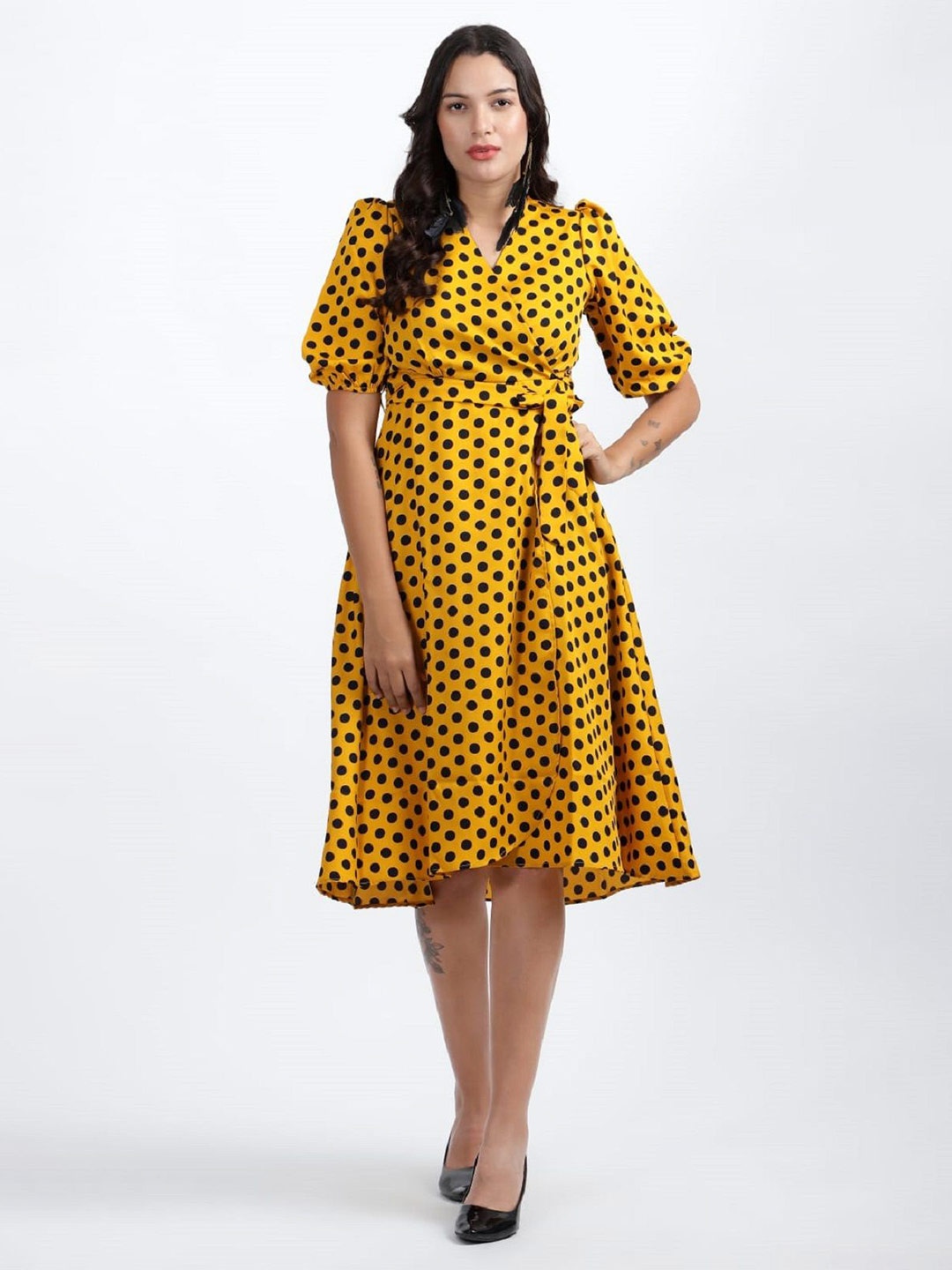 

NKSA FASHION Polka Dot Print Fit & Flare Dress, Yellow