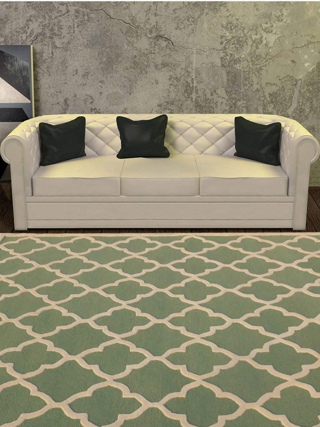 

Safiya Carpet Green Geometric & Cream Printed Woollen Regular Carpet