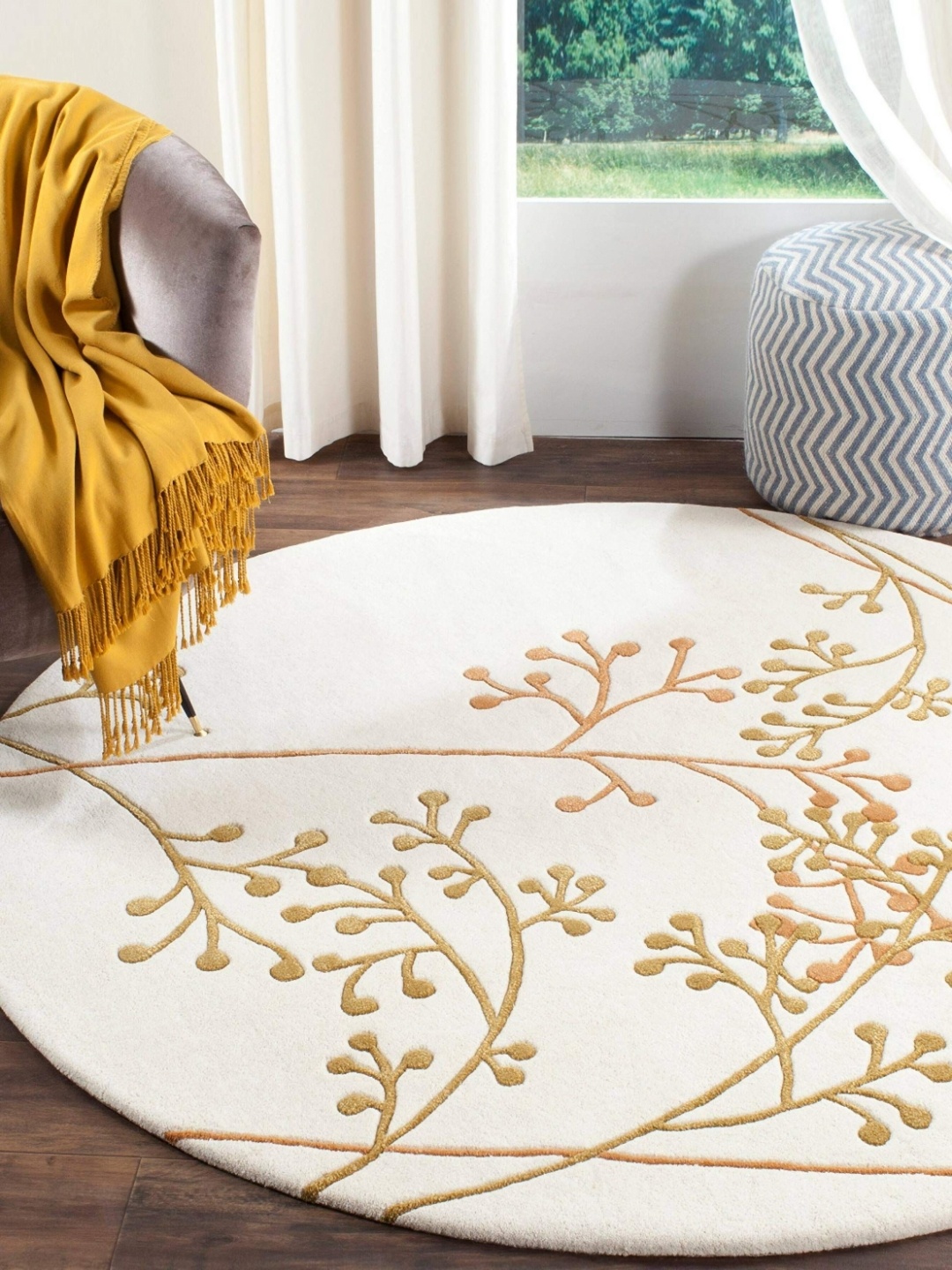 

Safiya Carpet White & Gold Toned Floral Printed Woollen Regular Carpet