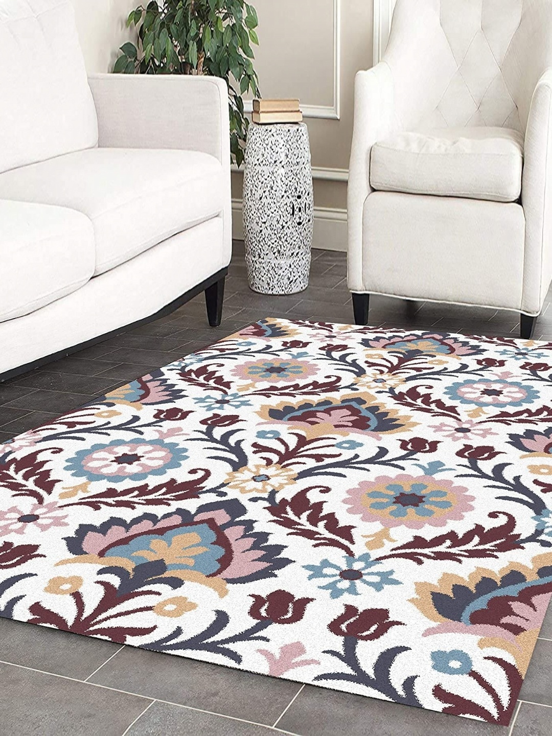 

Safiya Carpet White & Brown Ethnic Motifs Woollen Traditional Carpet