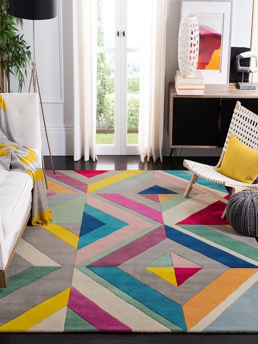 

Safiya Carpet Turquoise Blue & Yellow Geometric Hand-Tufted Woollen Shaggy Carpet