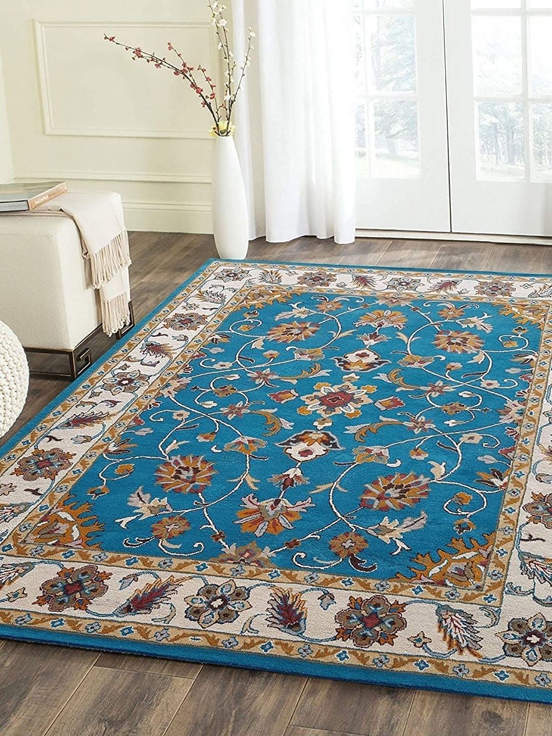 

Safiya Carpet Teal Blue & Cream Ethnic Motifs Woollen Carpets