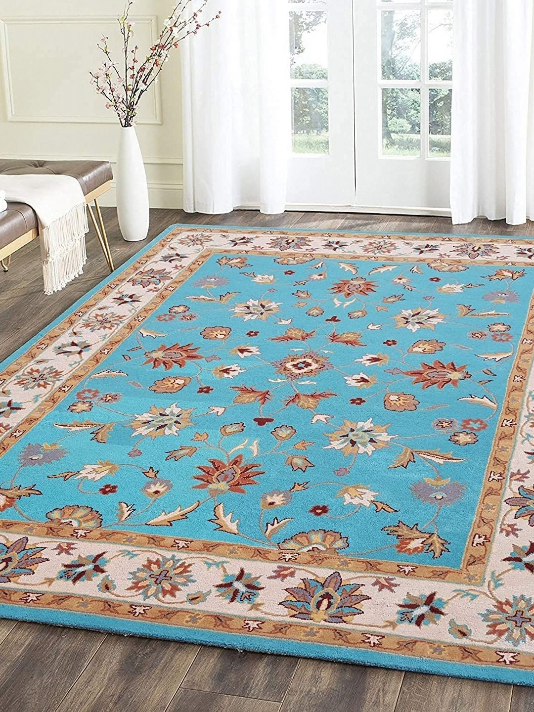 

Safiya Carpet Turquoise Blue & Beige Ethnic Motifs Woollen Carpets