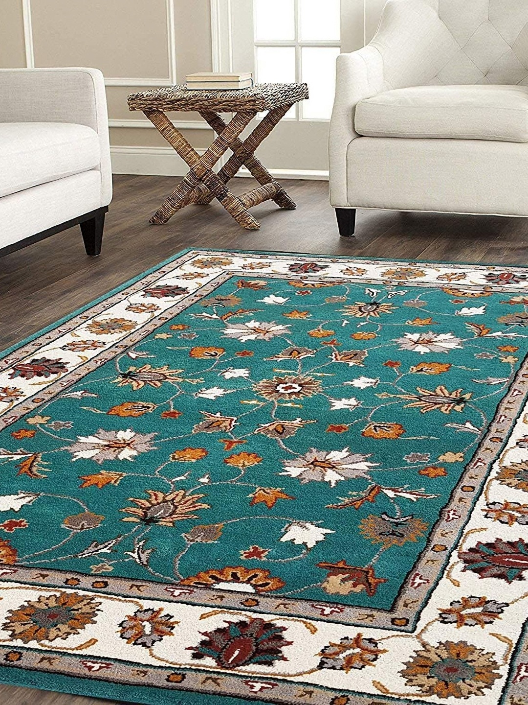 

Safiya Carpet Teal Green & White Ethnic Motifs Woollen Carpets