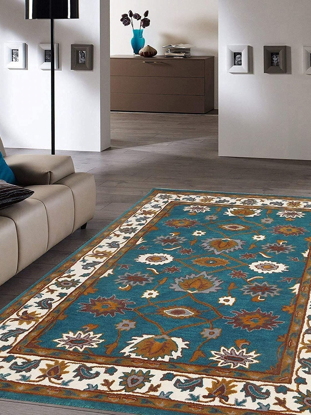 

Safiya Carpet Teal Blue & Brown Floral Printed Hand-Tufted Rectangle Shaped Woollen Carpet