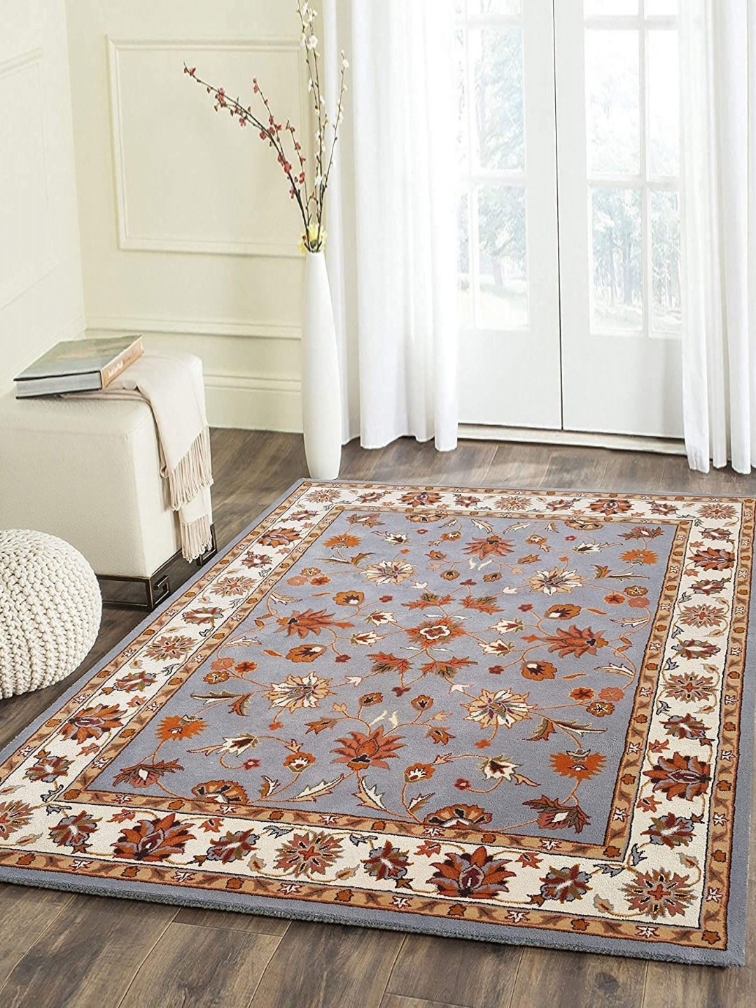 

Safiya Carpet Grey & White Ethnic Motifs Woollen Traditional Carpet