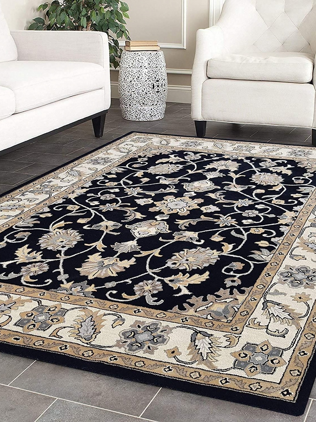 

Safiya Carpet Black & Cream Ethnic Motifs Woollen Traditional Carpet