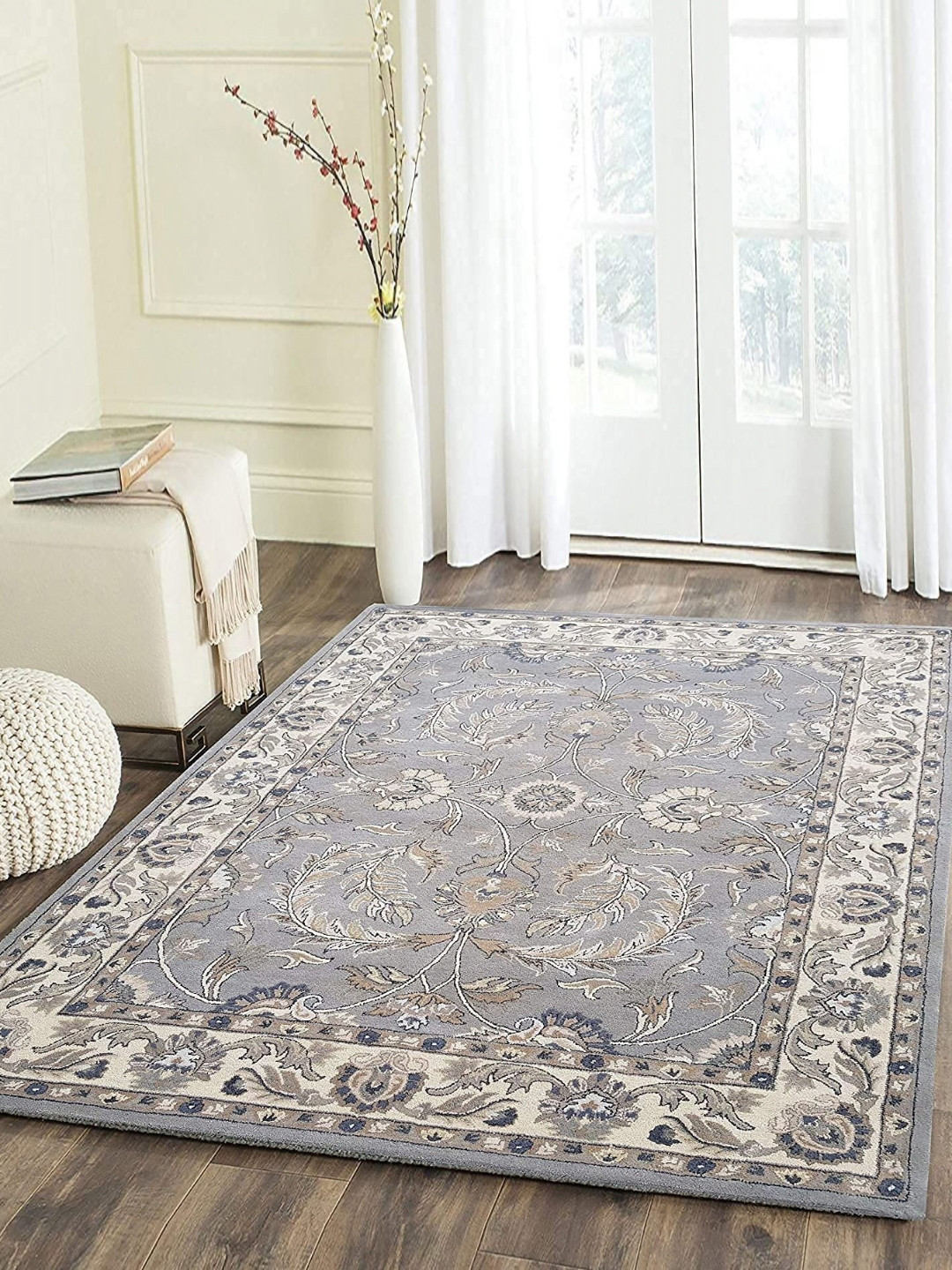 

Safiya Carpet Grey & Cream Ethnic Motifs Hand-Tufted Woollen Traditional Carpet