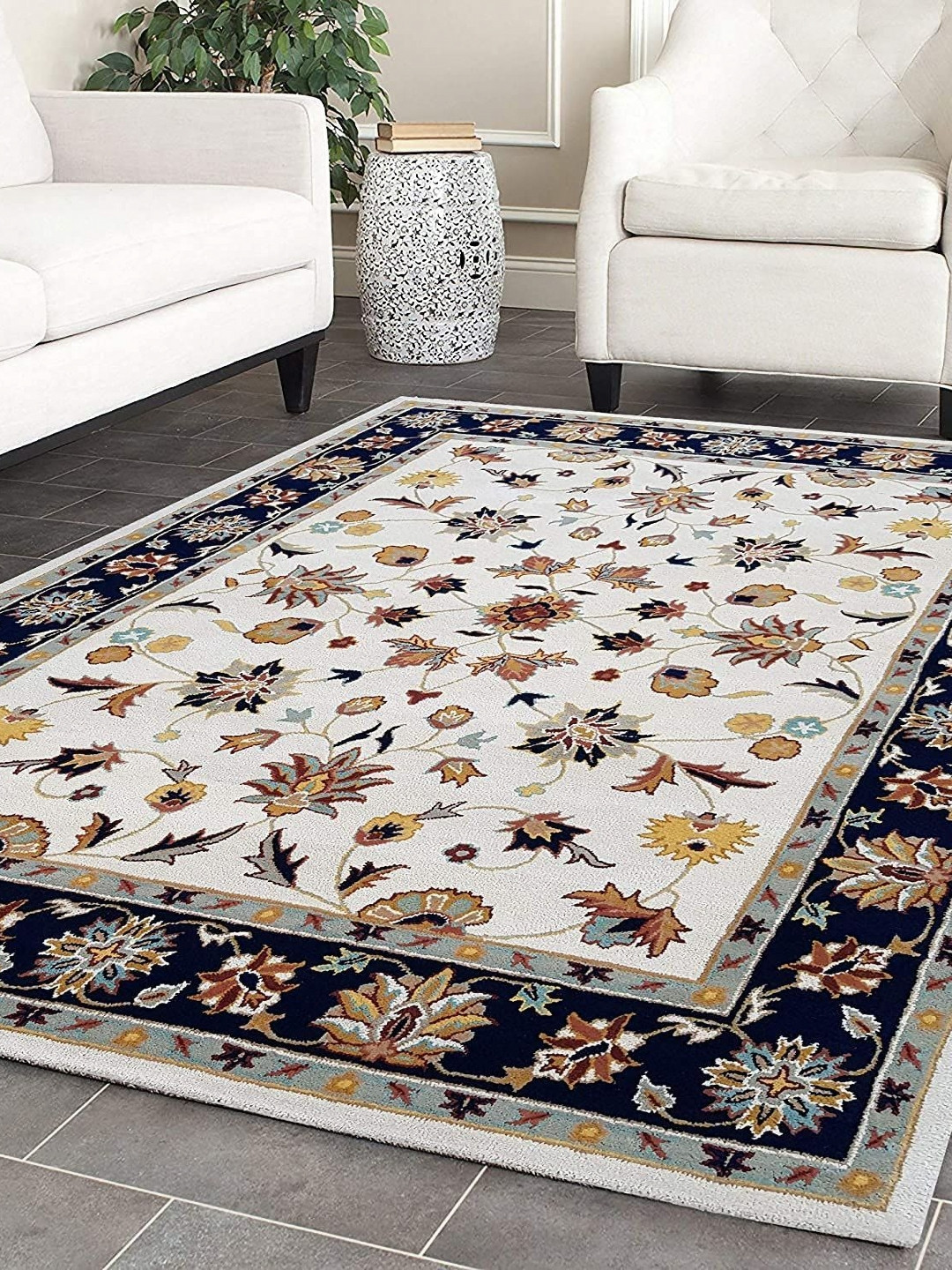 

Safiya Carpet Beige & Blue Floral Hand-Tufted Woollen Carpet