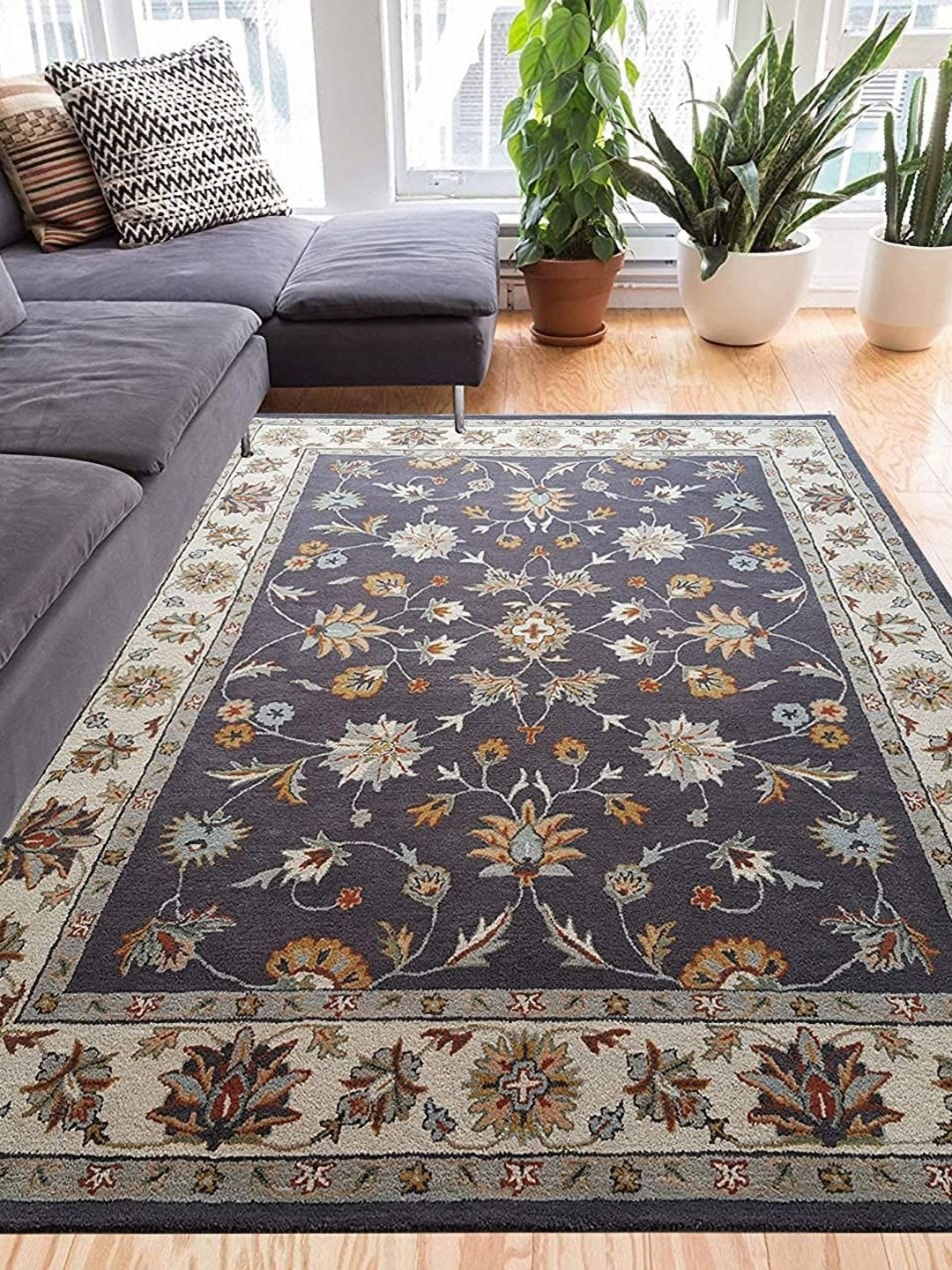 

Safiya Carpet Grey & Beige Ethnic Motifs Hand-Tufted Woollen Traditional Carpets