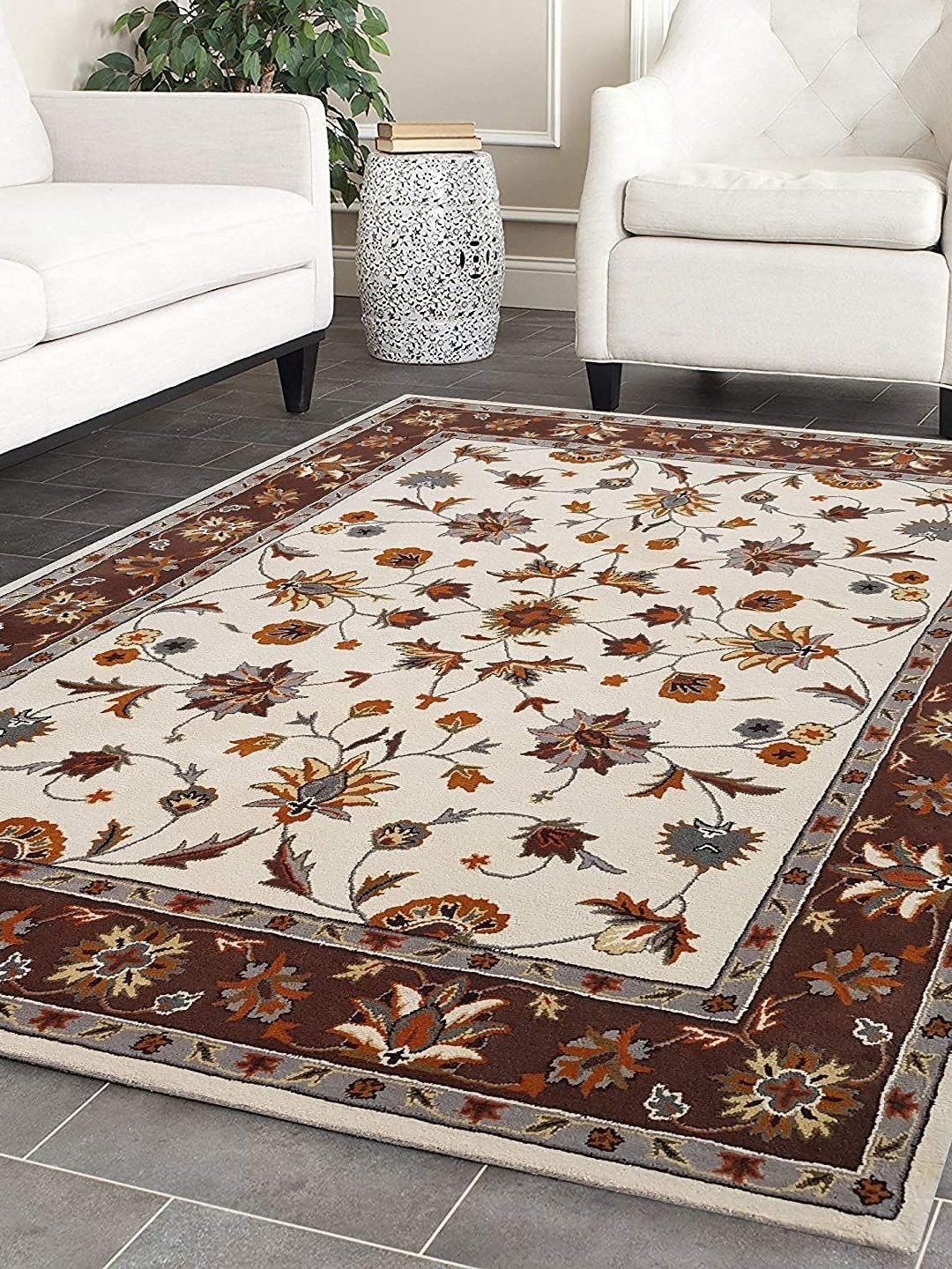 

Safiya Carpet Beige & Brown Floral Printed Hand-Tufted Rectangle Shaped Woollen Carpet