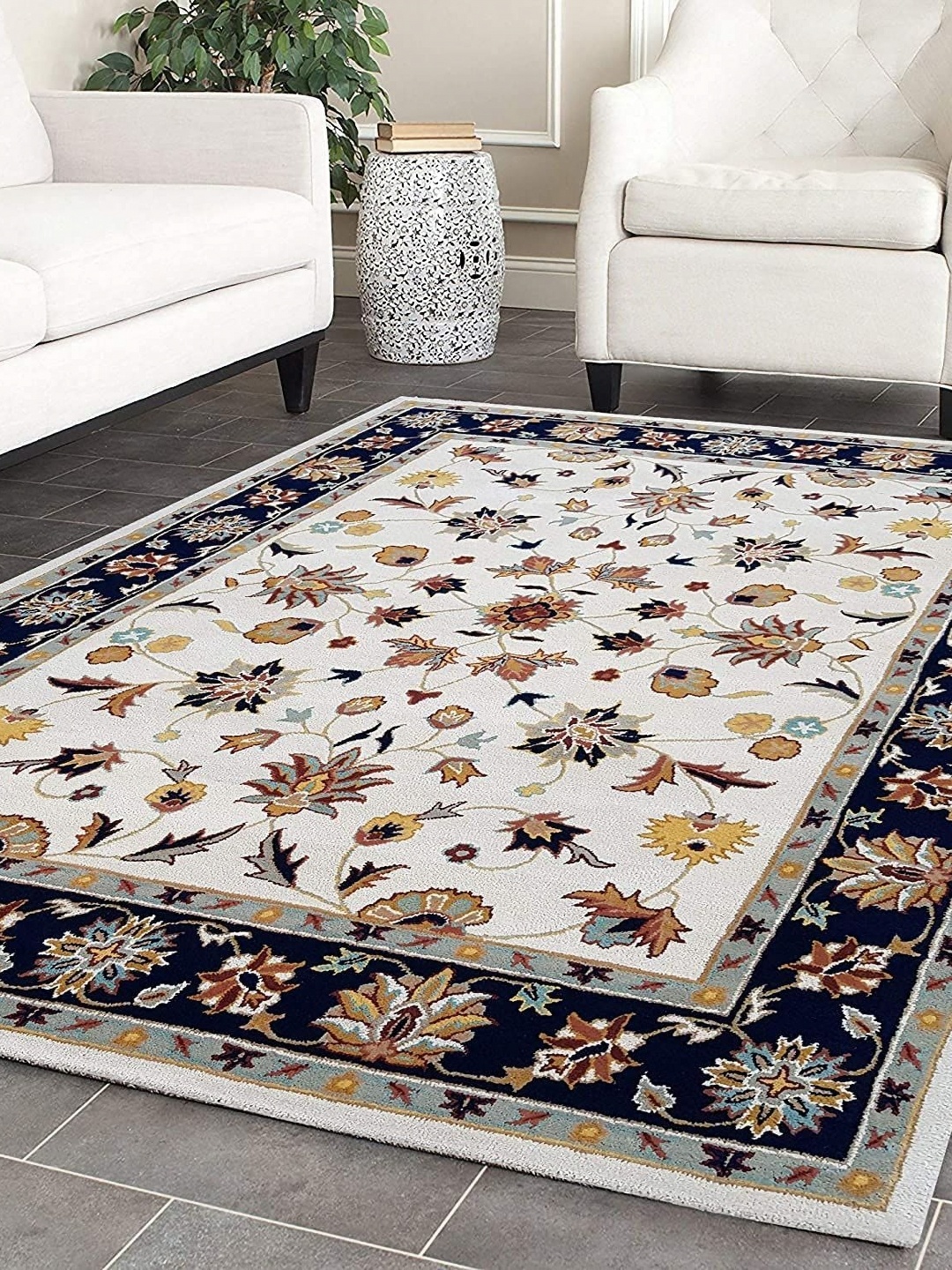 

Safiya Carpet White & Navy Blue Floral Woollen Carpets