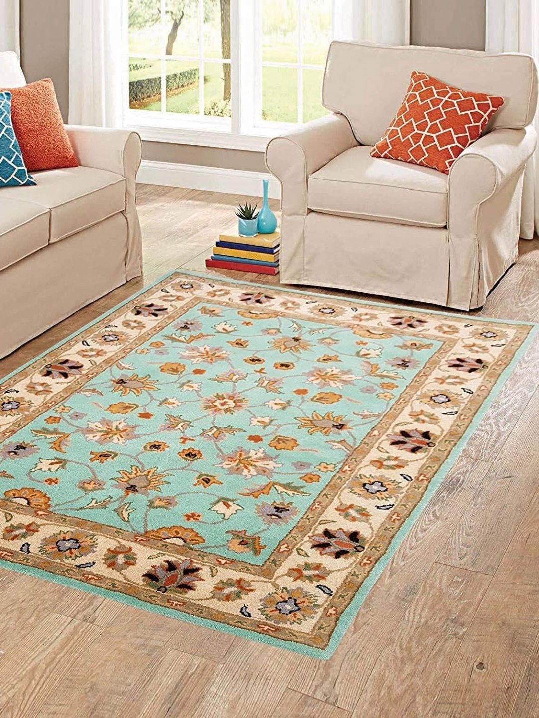 

Safiya Carpet Green & Beige Ethnic Motifs Hand Tufted Woollen Carpets