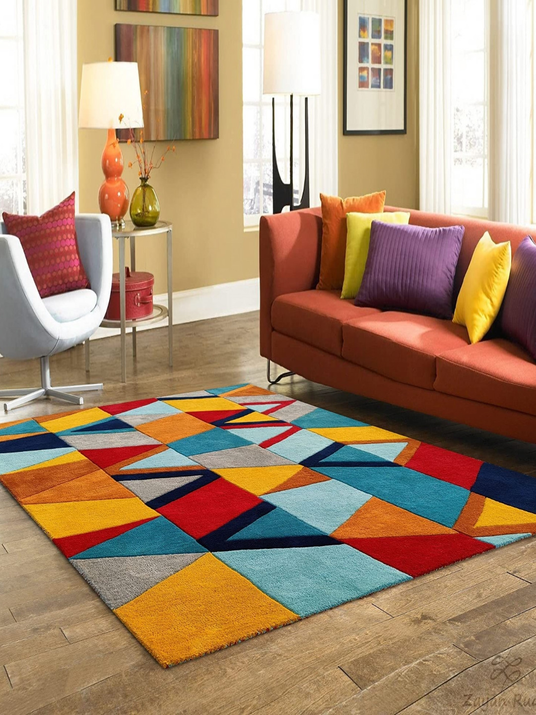 

Safiya Carpet Red & Blue Geometric Woollen Carpets