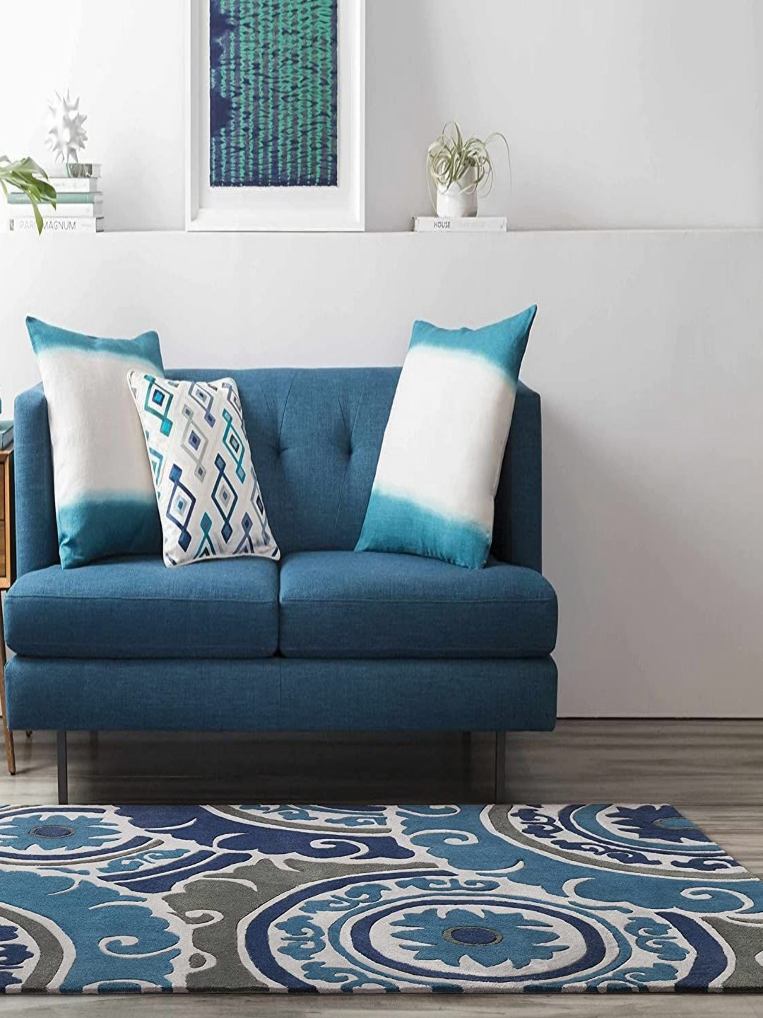 

Safiya Carpet Blue & White Ethnic Motifs Printed Hand-Tufted Woollen Carpet