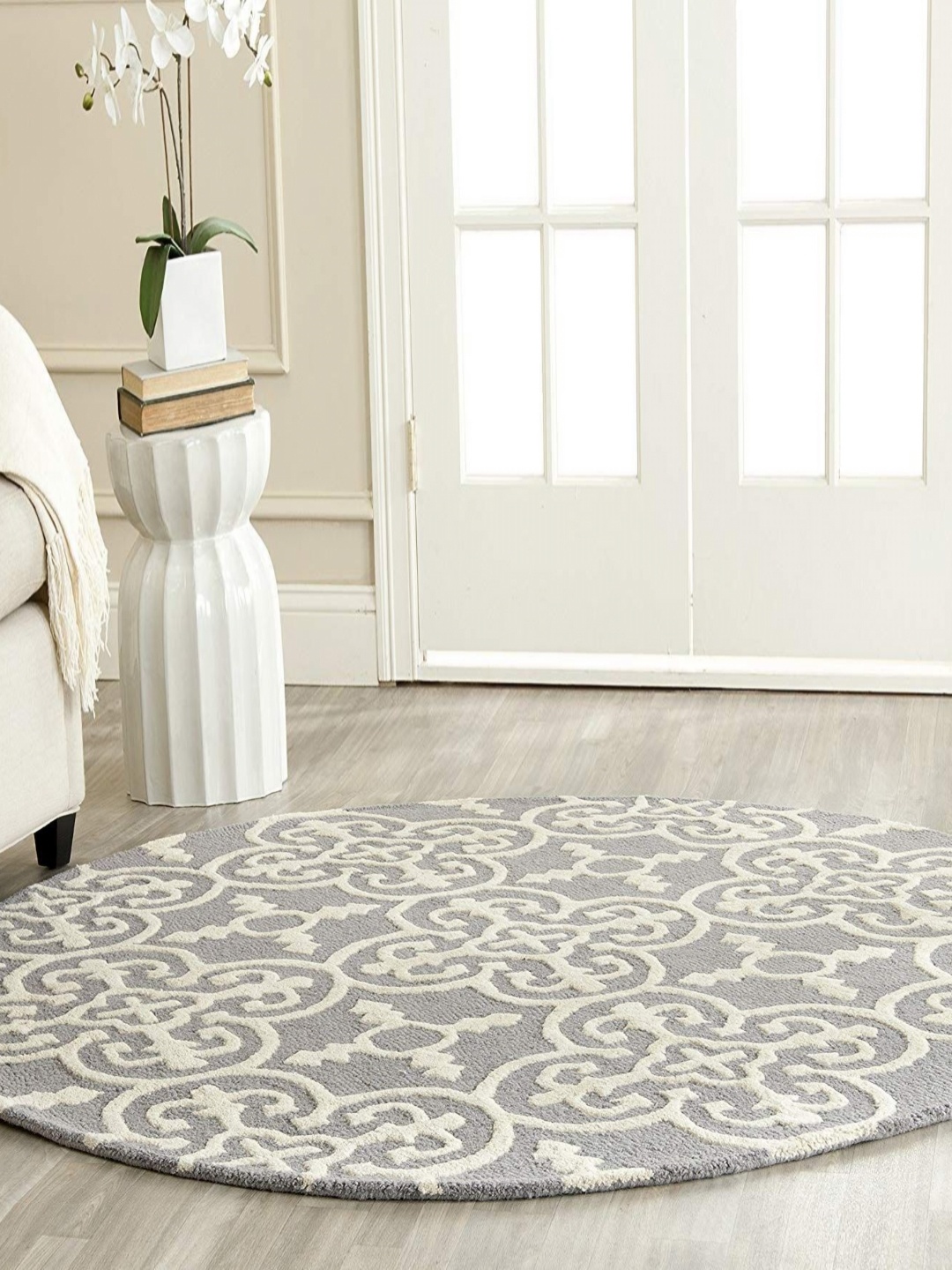 

Safiya Carpet Grey & Beige Ethnic Motifs Printed Hand-Tufted Round Shaped Woollen Carpet