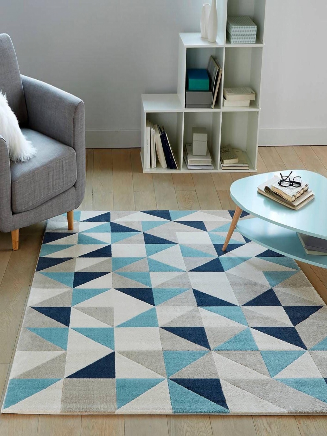 

Safiya Carpet White & Blue Geometric Hand Tufted Woollen Carpets