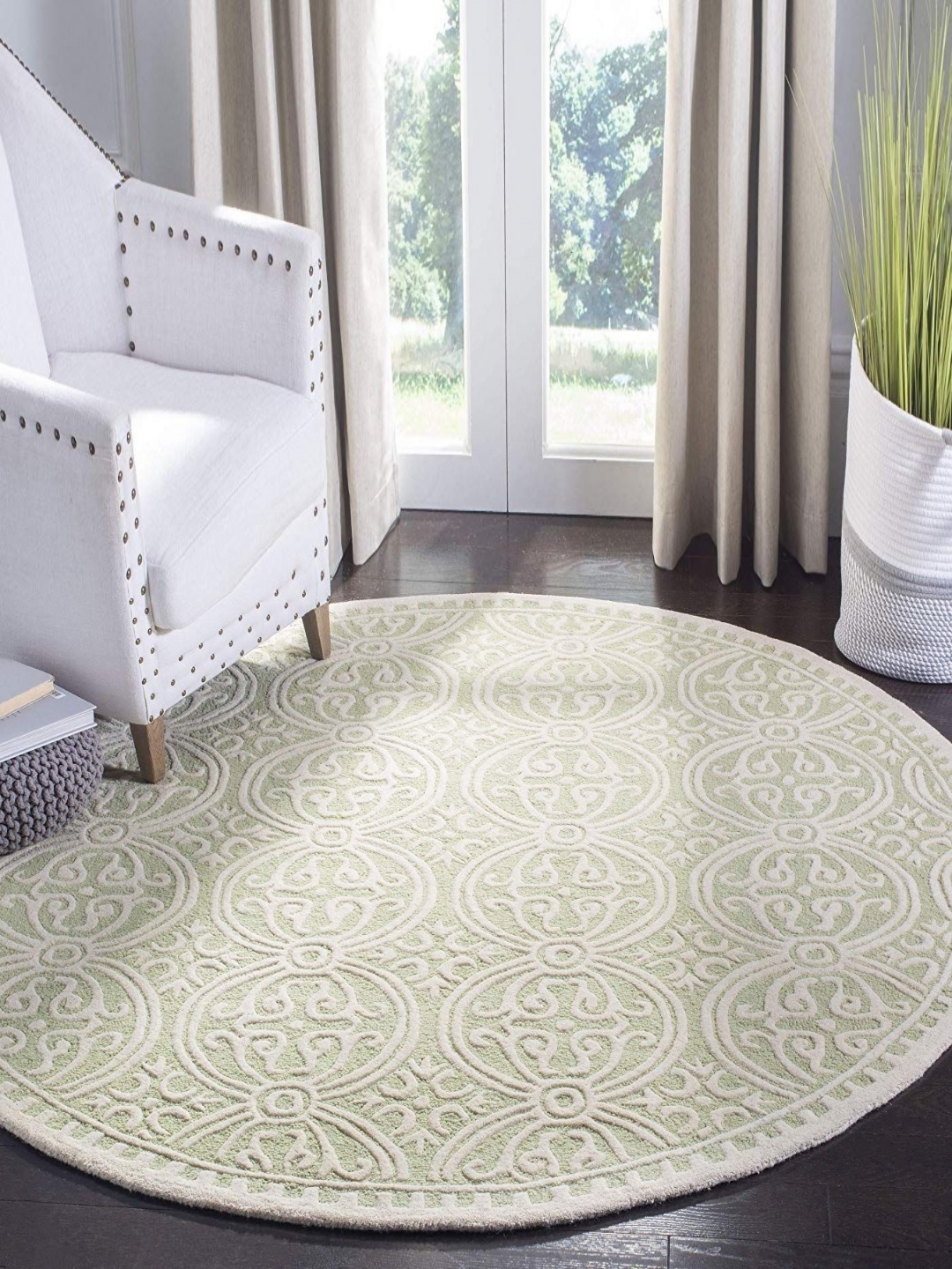 

Safiya Carpet Green & White Ethnic Motifs Printed Hand-Tufted Woollen Carpet